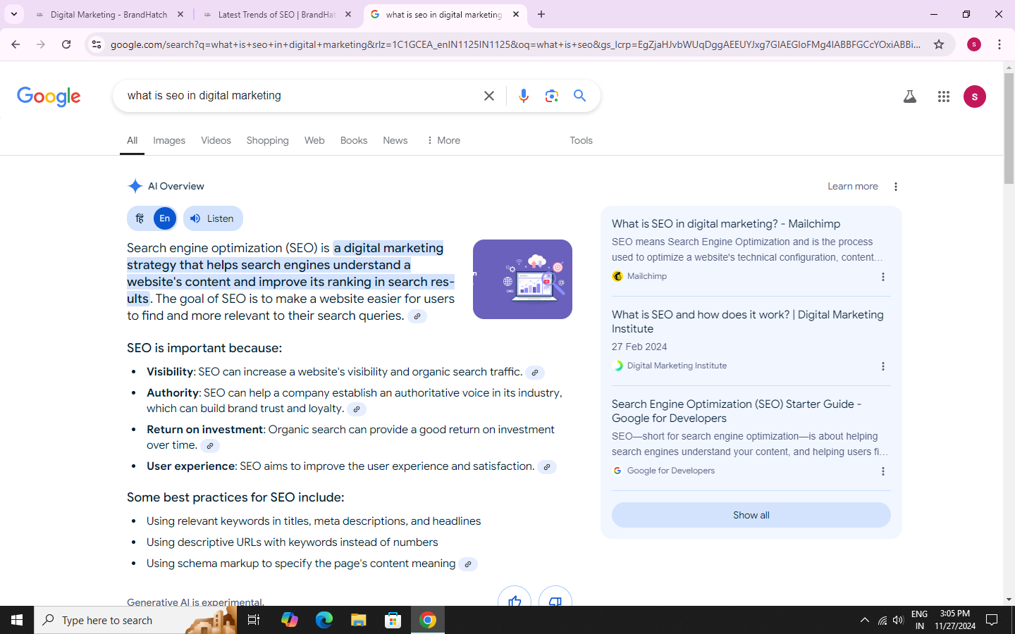 Screenshot of the Google search page displaying the search bar and various search results.