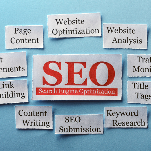 On blue background SEO has written with red color.